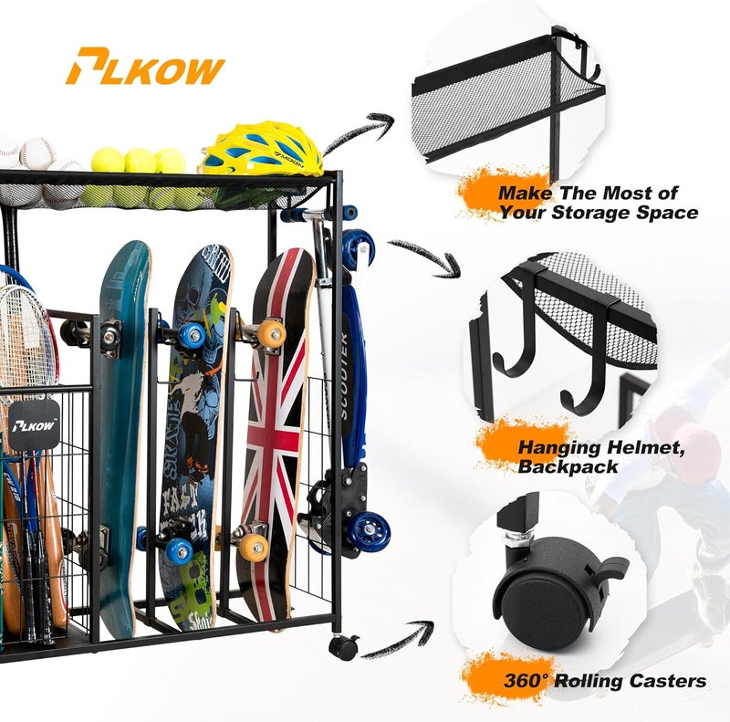 PLKOW Skateboard Storage Rack with Wheels, Sports Organizer for Skateboards, Scooters, Balls, Helmets and Sports Gear, Heavy Duty Sports Storage Rack for Garage, Home or School Use - Image 5